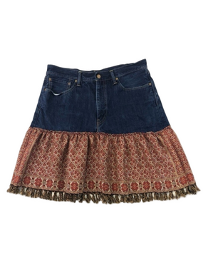 Levis upcycled western style denim tapestry fringe skirt Size 14-16